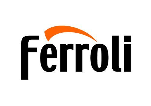 Logotipo de Ferroli con texto negro y un acento naranja curvo en la parte superior.