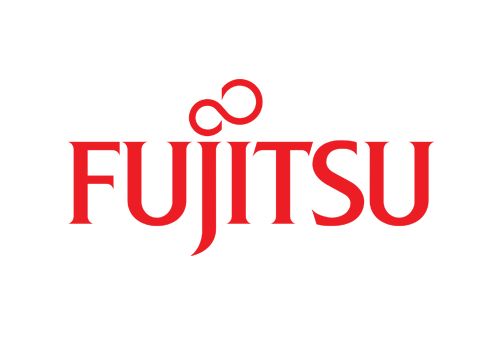 Logotipo de Fujitsu en rojo, con un símbolo de infinito estilizado encima de la palabra