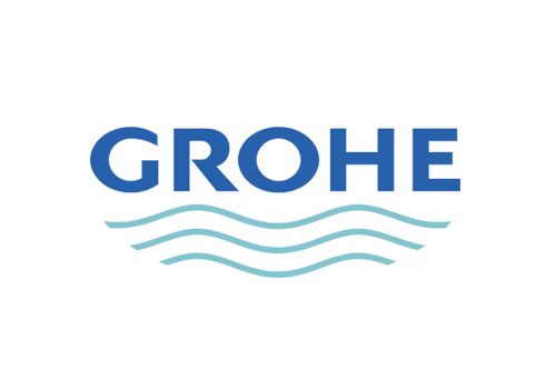 Logotipo de Grohe: texto azul sobre ondas de agua de color azul claro.
