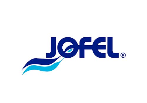 Logotipo para Jofel, texto azul con una hoja estilizada dentro de la