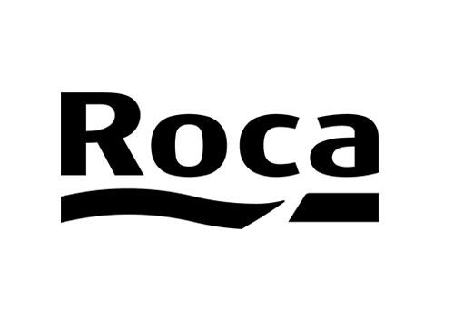 Logotipo de Roca: Texto negro sobre una ola estilizada, todo sobre fondo blanco.