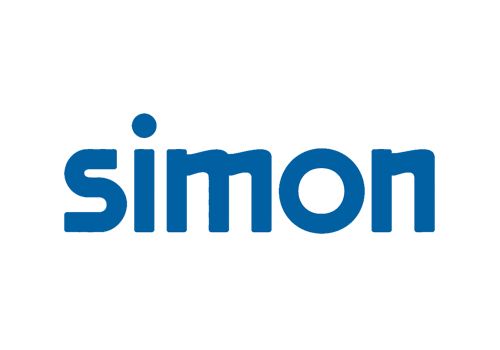 Logotipo de Simon: texto azul con un punto azul encima de la