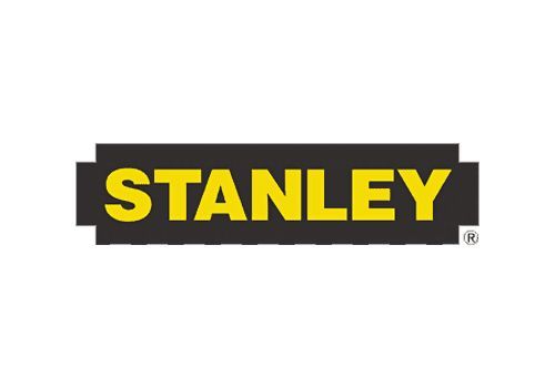 Logotipo de la marca Stanley: texto amarillo sobre barra negra con fondo blanco.