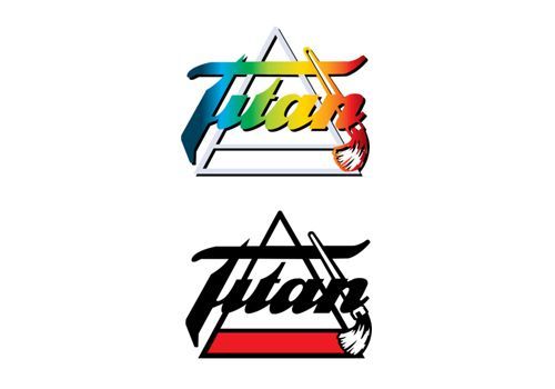 Logotipo de Titan: versiones colorida y negra, triángulo, pincel y texto estilizado.