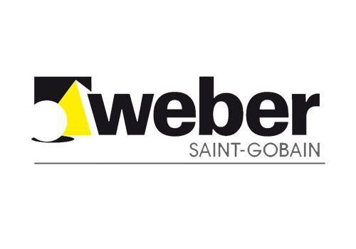 Logotipo de Weber Saint-Gobain: texto negro, formas geométricas amarillas y negras.