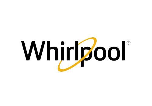 Logotipo de Whirlpool: texto negro con remolinos dorados y fondo blanco.