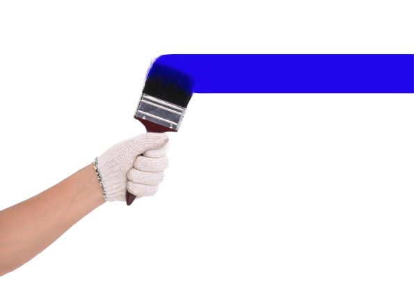 Main gantée de blanc traçant une ligne bleue sur une surface blanche.