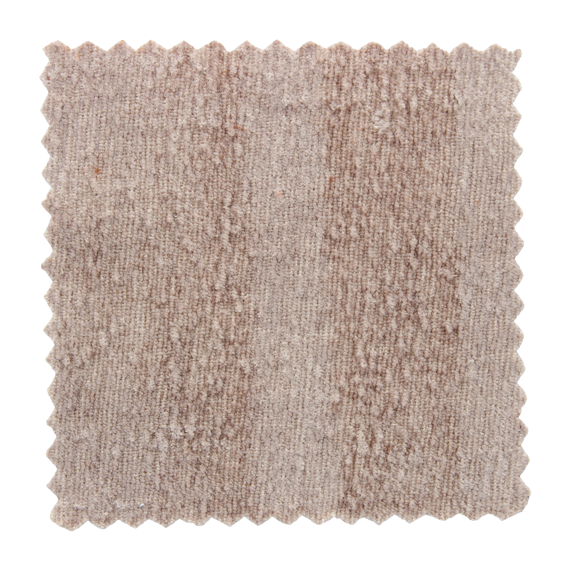 Échantillon de tissu beige à l'aspect texturé et moucheté, avec un bord festonné.