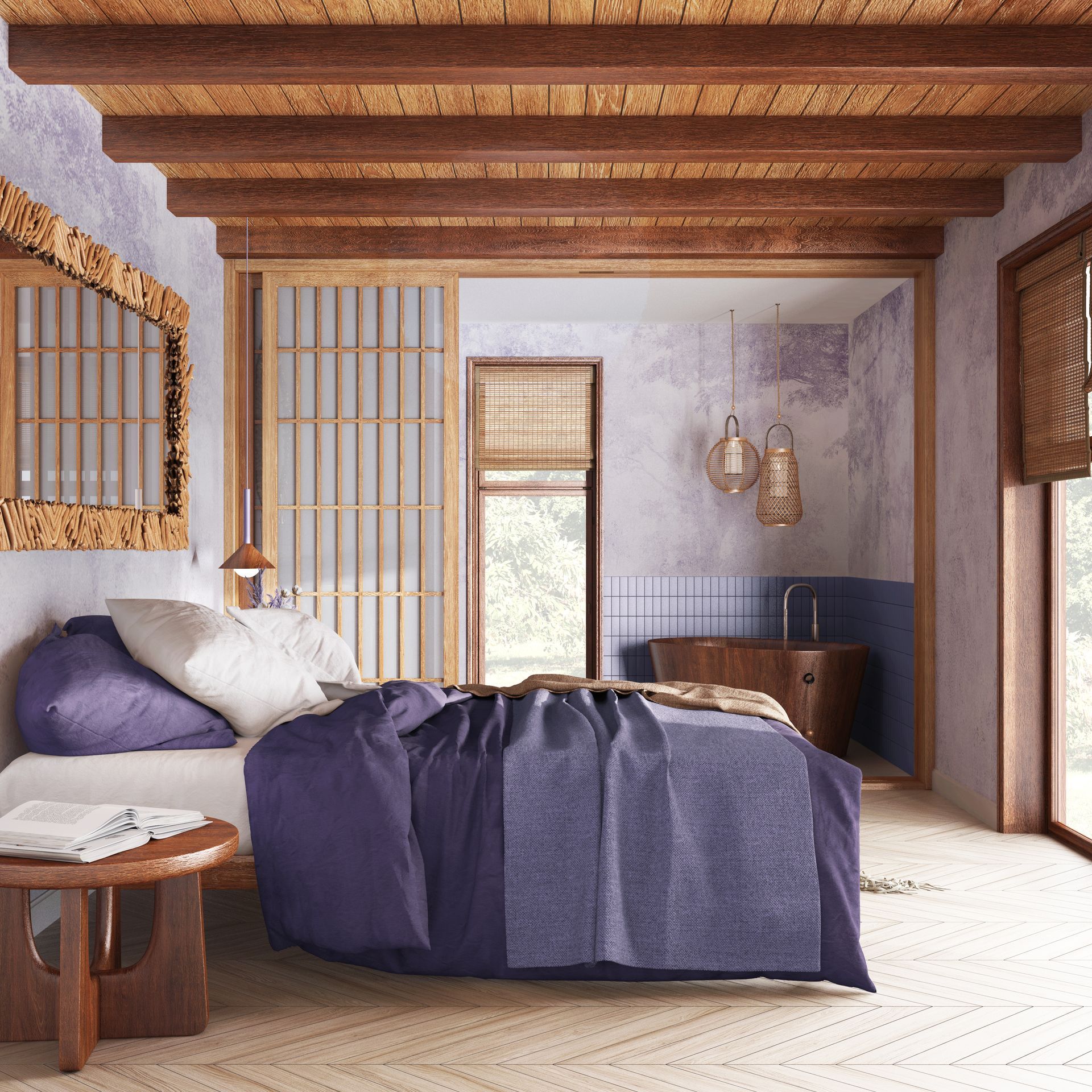 Une chambre avec des nuances de violet