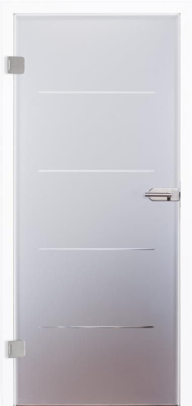 Eine Milchglastür mit einem Edelstahlgriff auf weißem Hintergrund.
