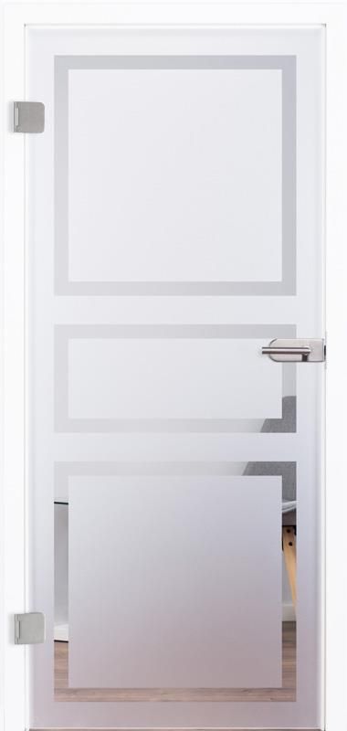 Eine weiße Glastür mit einem quadratischen Muster darauf.