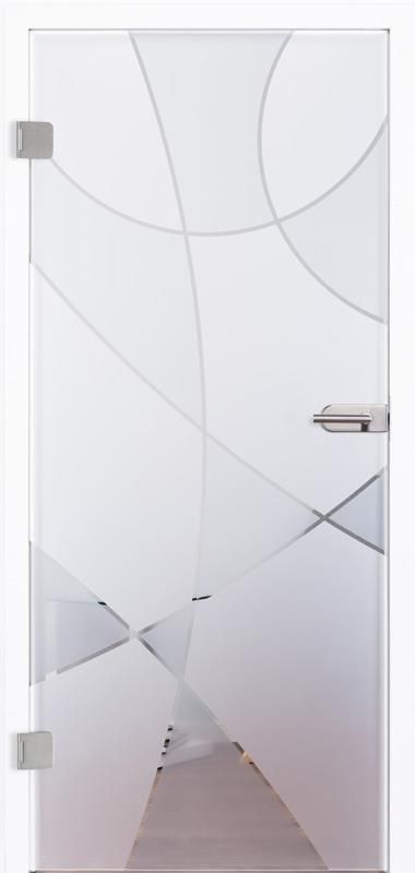 Eine Glastür mit einem Muster auf weißem Hintergrund.