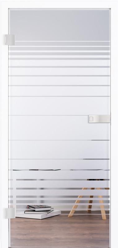 In einem Raum befindet sich eine Glastür mit Streifenmuster.