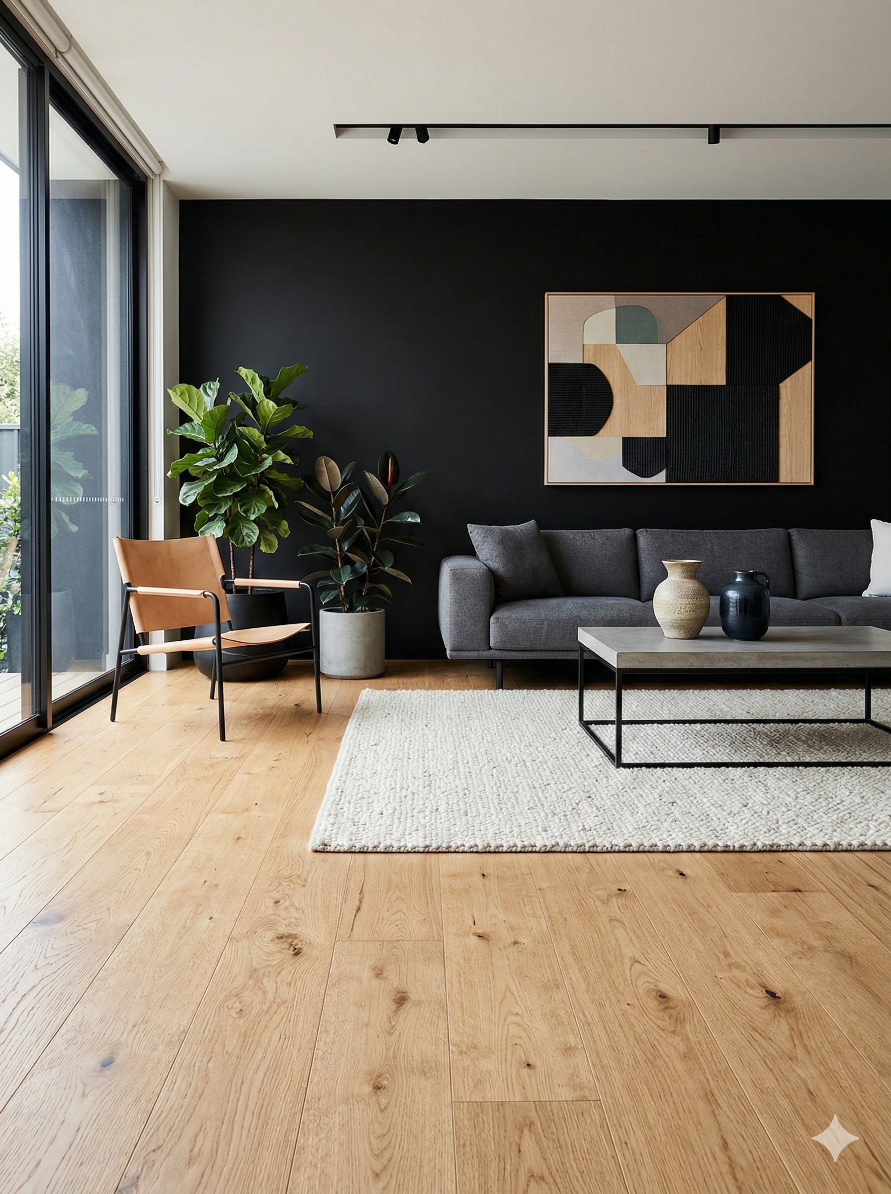 Ein Wohnzimmer mit Hartholzboden, Couch, Tisch und Stühlen.