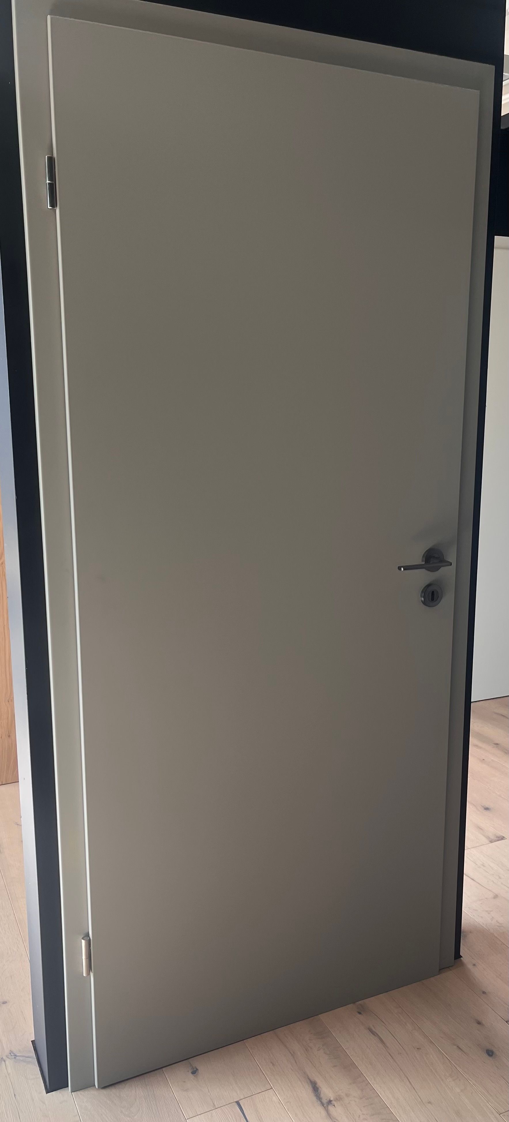 Eine geschlossene, hellgraue Innentür mit dunklem Griff in einem Raum mit hellem Holzboden.