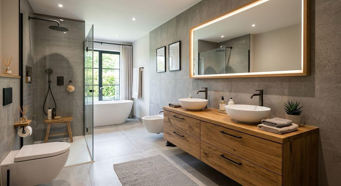Modernes Badezimmer mit Glasdusche, freistehender Badewanne, Waschtisch aus Holz und großem, beleuchtetem Spiegel