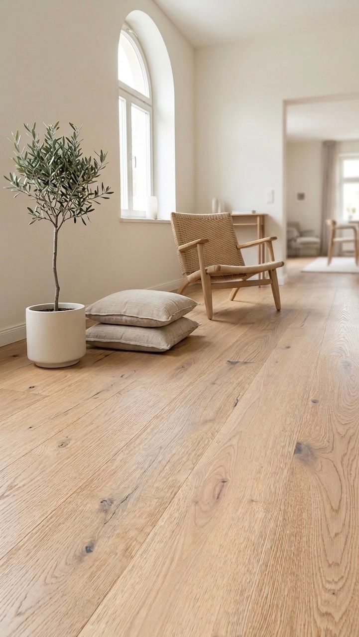 Ein helles Zimmer mit hellen Holzböden, einem Olivenbaum im Topf, zwei Bodenkissen und einem hölzernen Akzentstuhl in der Nähe eines Fensters.