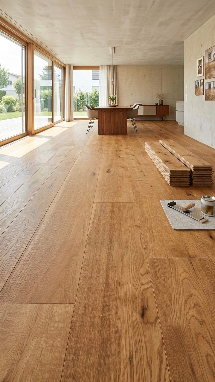 Helle Holzdielen in einem modernen, sonnendurchfluteten Raum mit einer Essgruppe und gestapelten Dielen im Vordergrund.