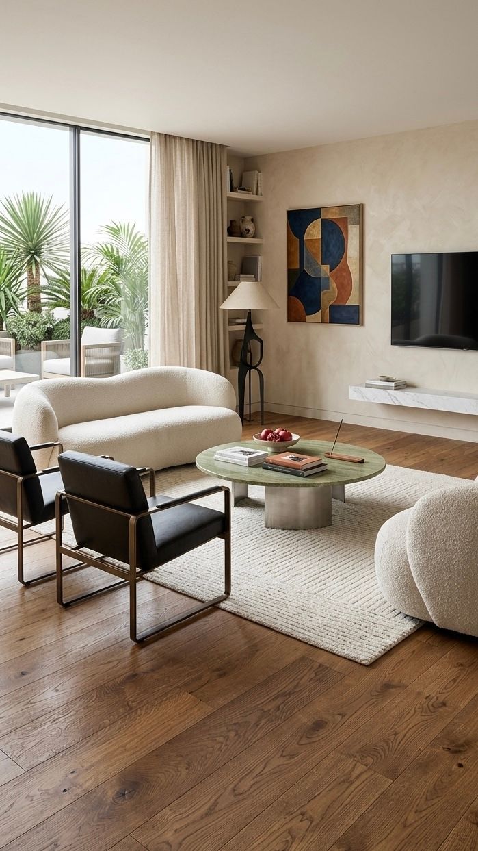 Ein modernes Wohnzimmer mit einem weißen, geschwungenen Sofa, schwarzen Sesseln, einem runden Couchtisch und einem an der Wand montierten Fernseher.