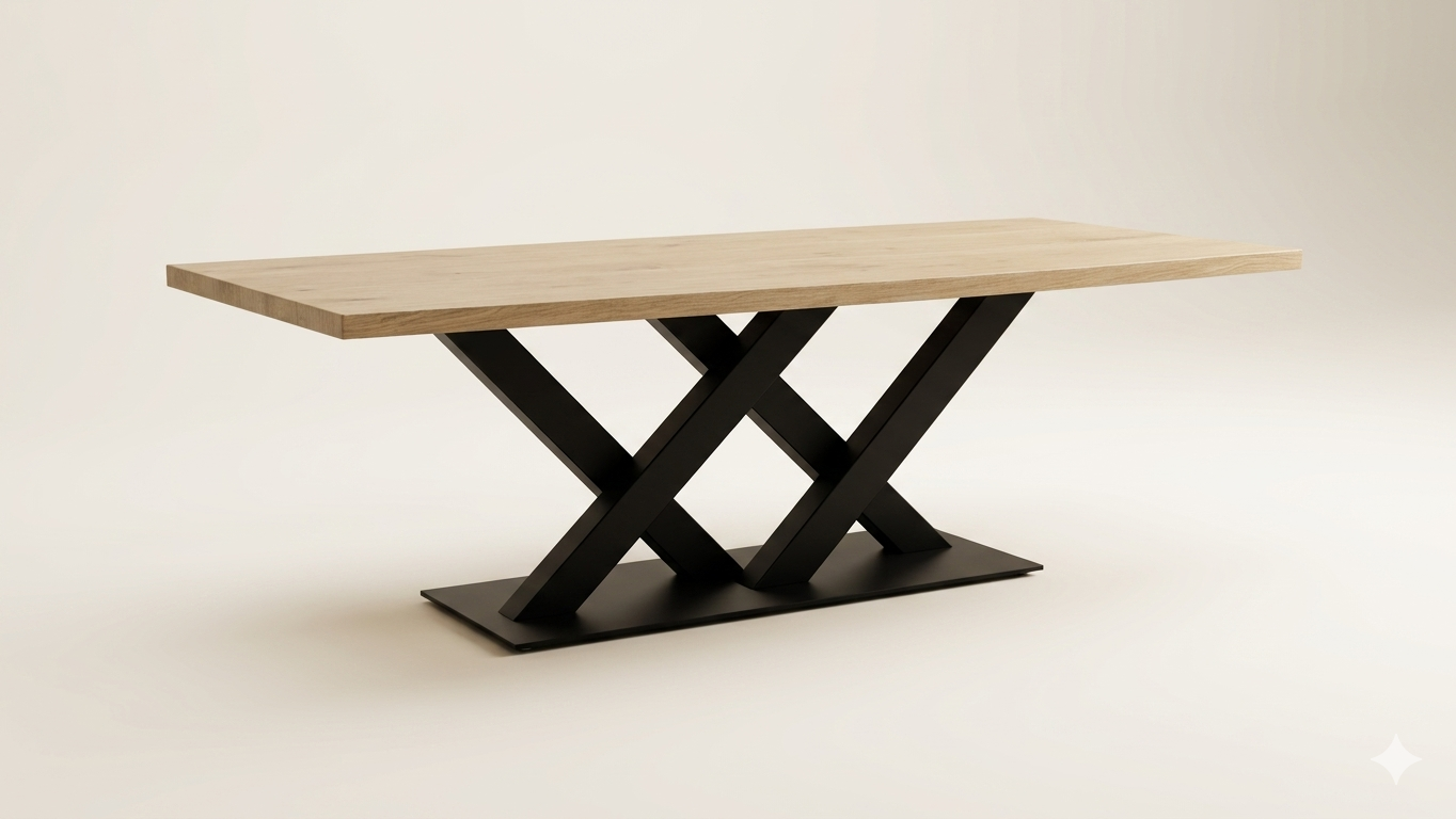 Moderner Esstisch mit heller Holzplatte und schwarzem, X-förmigem Metallgestell