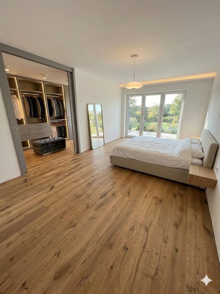 Ein Wohnzimmer mit Hartholzboden, Couch, Tisch und Stühlen.