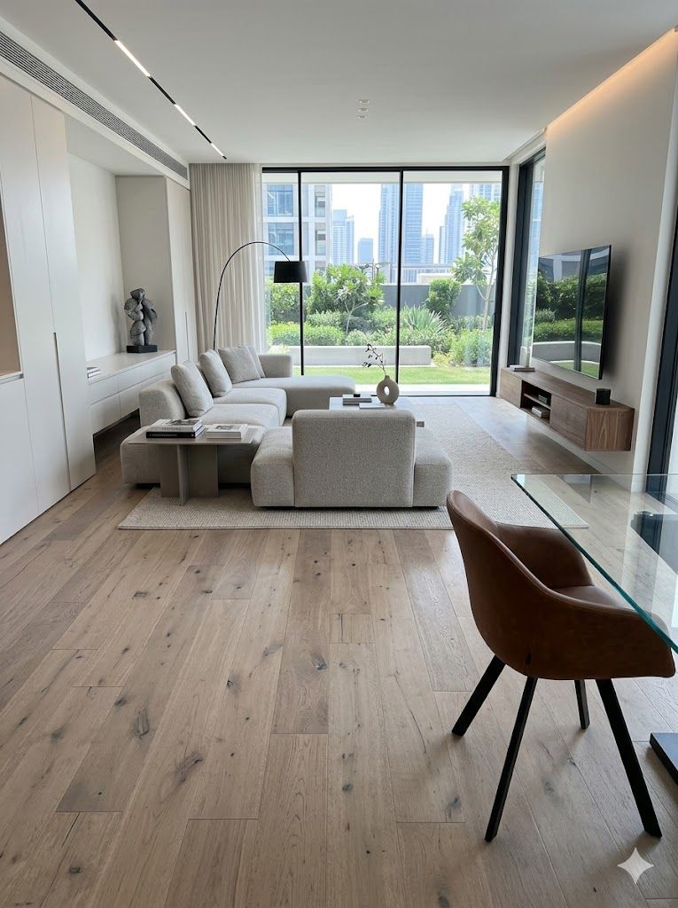 Ein Wohnzimmer mit Hartholzboden, Couch, Tisch und Stühlen.