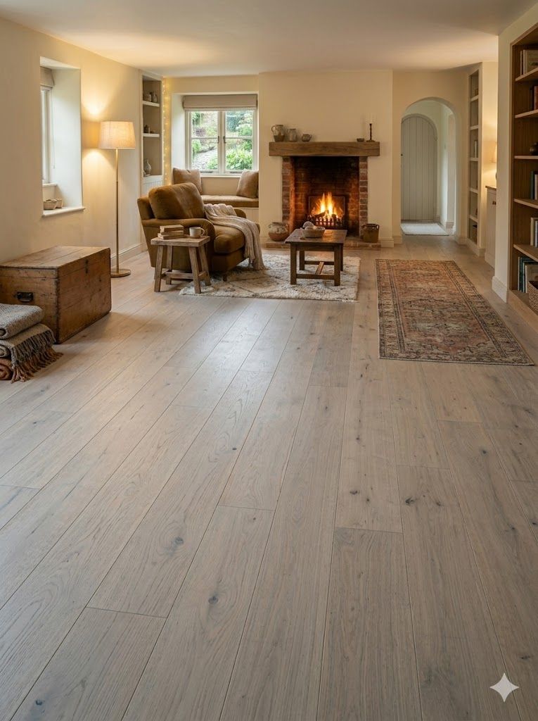 Ein Wohnzimmer mit Hartholzboden, Couch, Tisch und Stühlen.