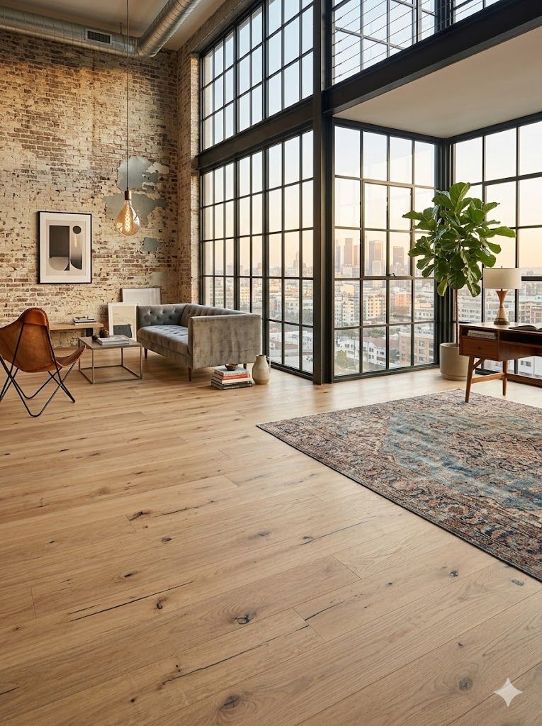 Ein Wohnzimmer mit Hartholzboden, Couch, Tisch und Stühlen.