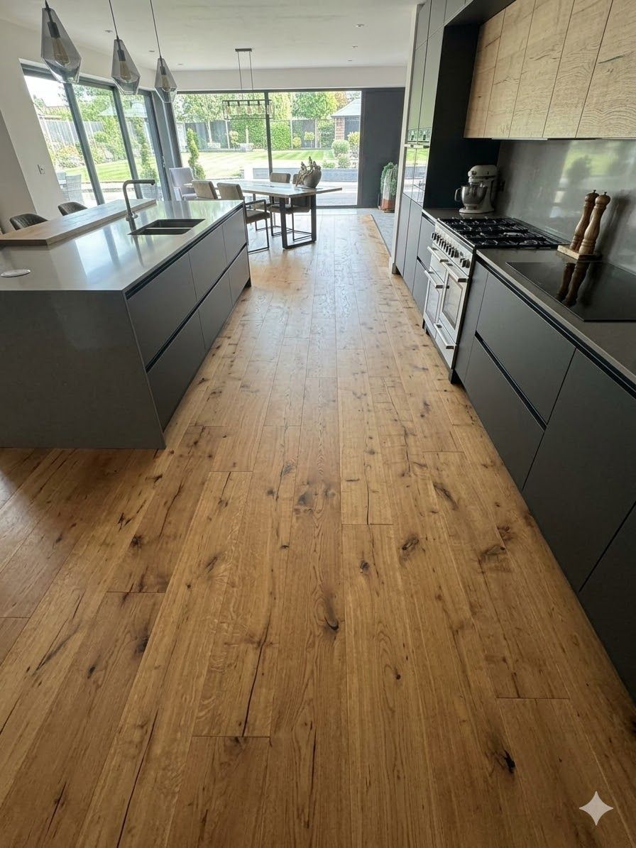 Ein Wohnzimmer mit Parkettboden und einer Couch.