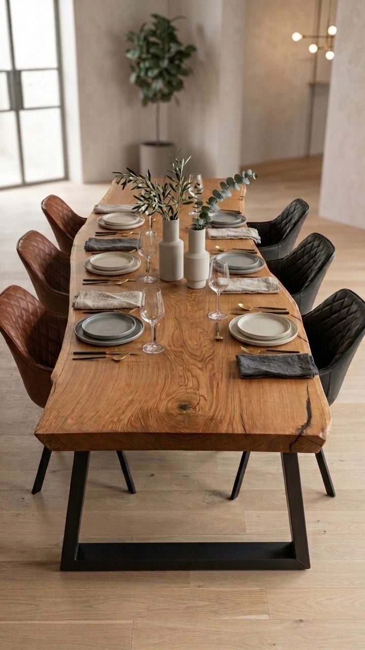 Ein langer Esstisch aus Holz mit Tellern, Gläsern und Kerzen in einem hellen, modernen Zimmer
