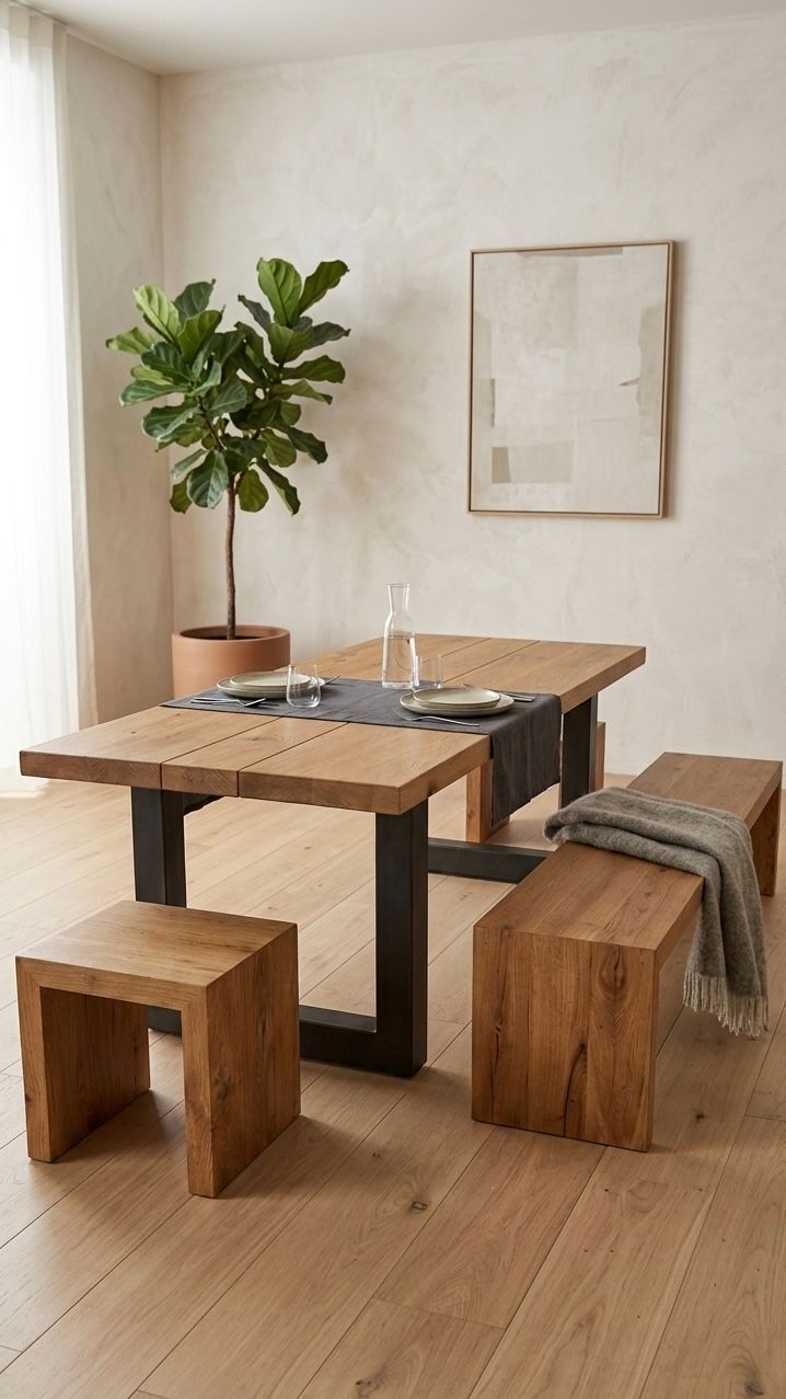Minimalistische Essecke mit Holztisch, Bänken, Hockern, Topfpflanze und Wandbildern in einem hellen Raum