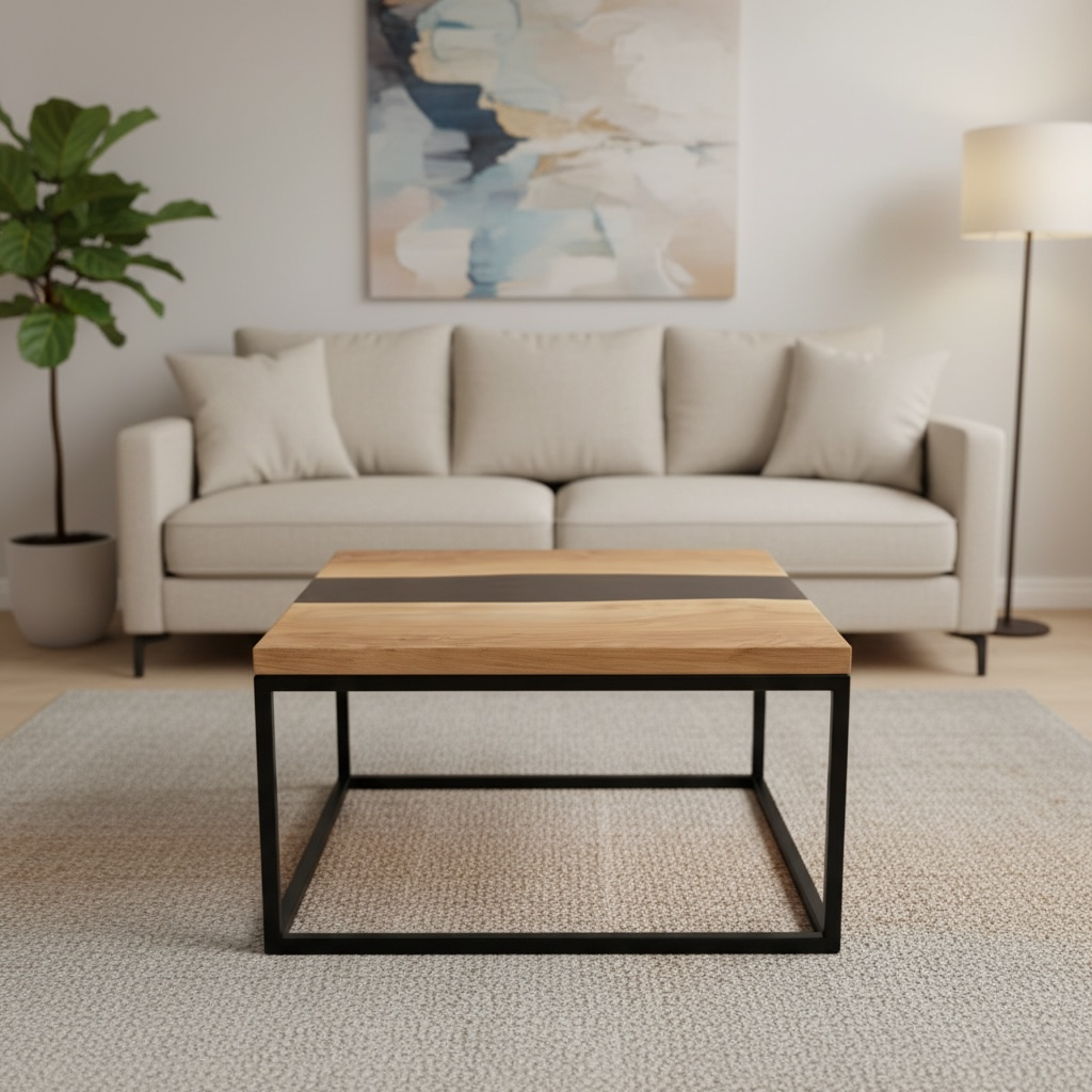 Modernes Wohnzimmer mit beigefarbenem Sofa, Couchtisch aus Holz, Stehlampe, Pflanze und abstrakter Wandkunst.