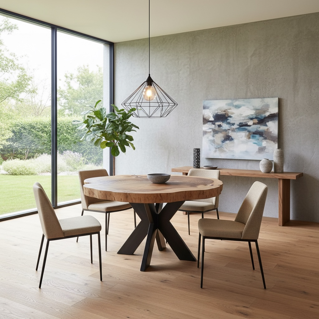 Modernes Esszimmer mit rundem Holztisch, vier Stühlen, Pendelleuchte und großem Fenster mit Blick ins Grüne
