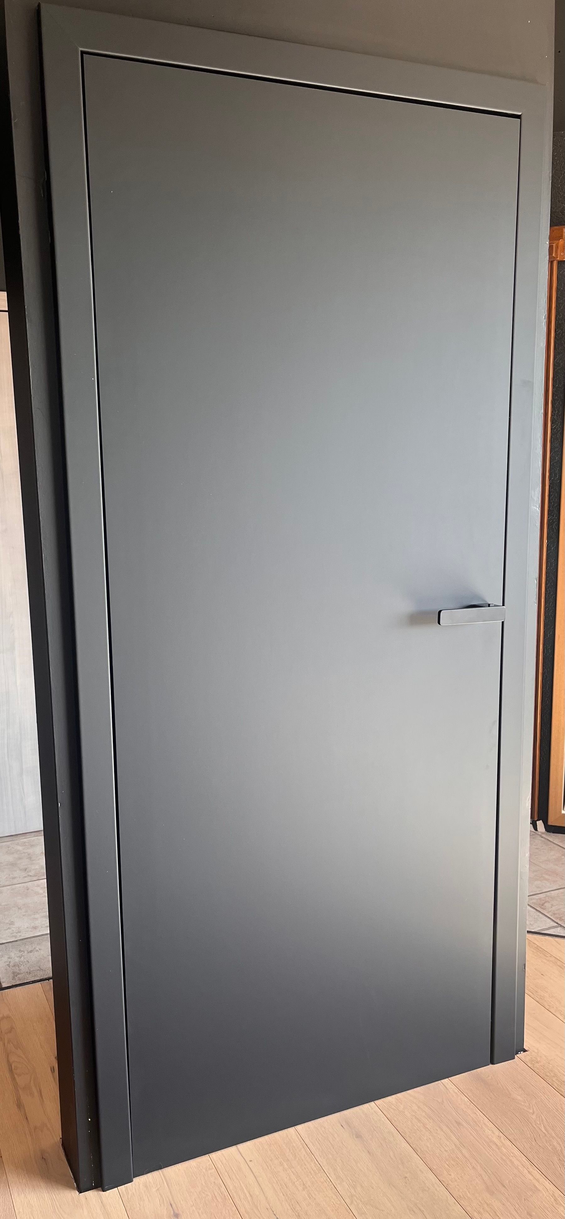 Eine moderne, matte, dunkelgraue Tür mit einem durchgehenden, metallisch glänzenden vertikalen Scharnier an der Seite, die auf einem Holzboden steht.