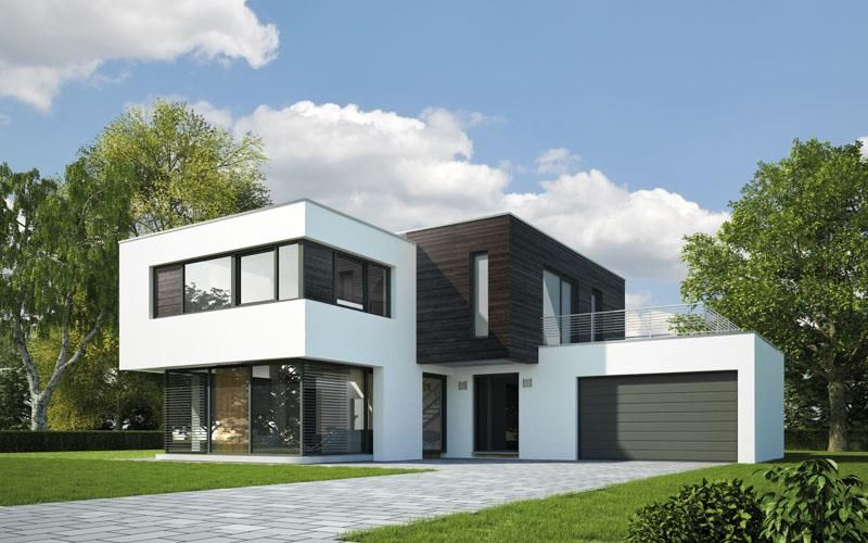 Künstlerische Darstellung eines modernen Hauses mit Garage.