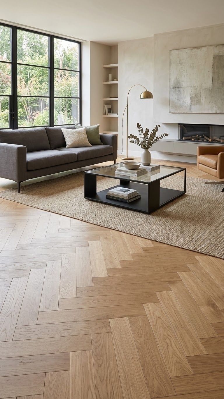Ein Wohnzimmer mit Hartholzboden, Couch, Tisch und Stühlen.