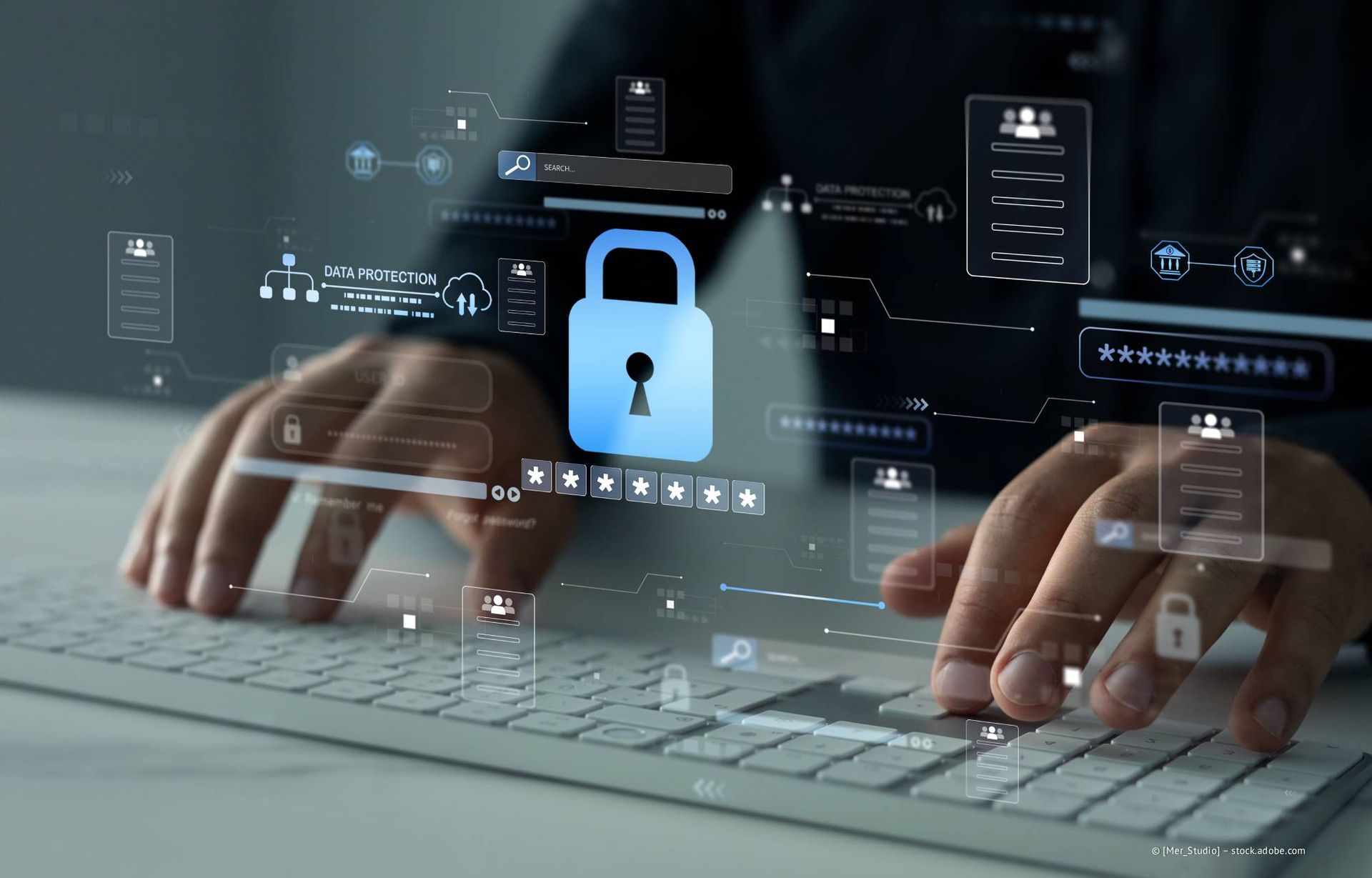 Hände tippen auf einer Tastatur mit digitalen Sicherheitselementen und blauem Vorhängeschloss-Overlay.