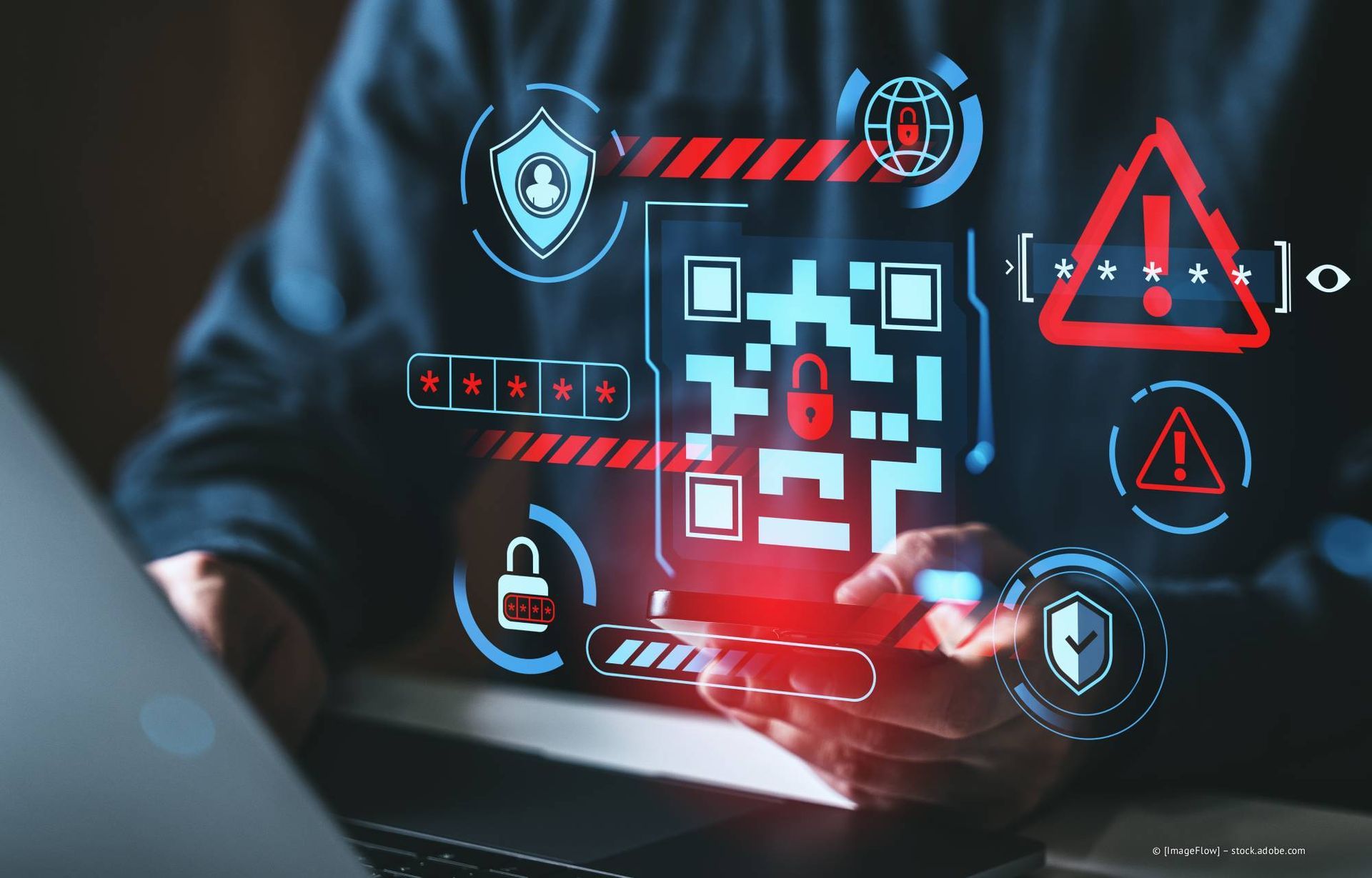 Person, die einen Laptop mit digitaler Sicherheitsfolie benutzt: QR-Code, Schloss-, Ausrufezeichen- und Schildsymbole.