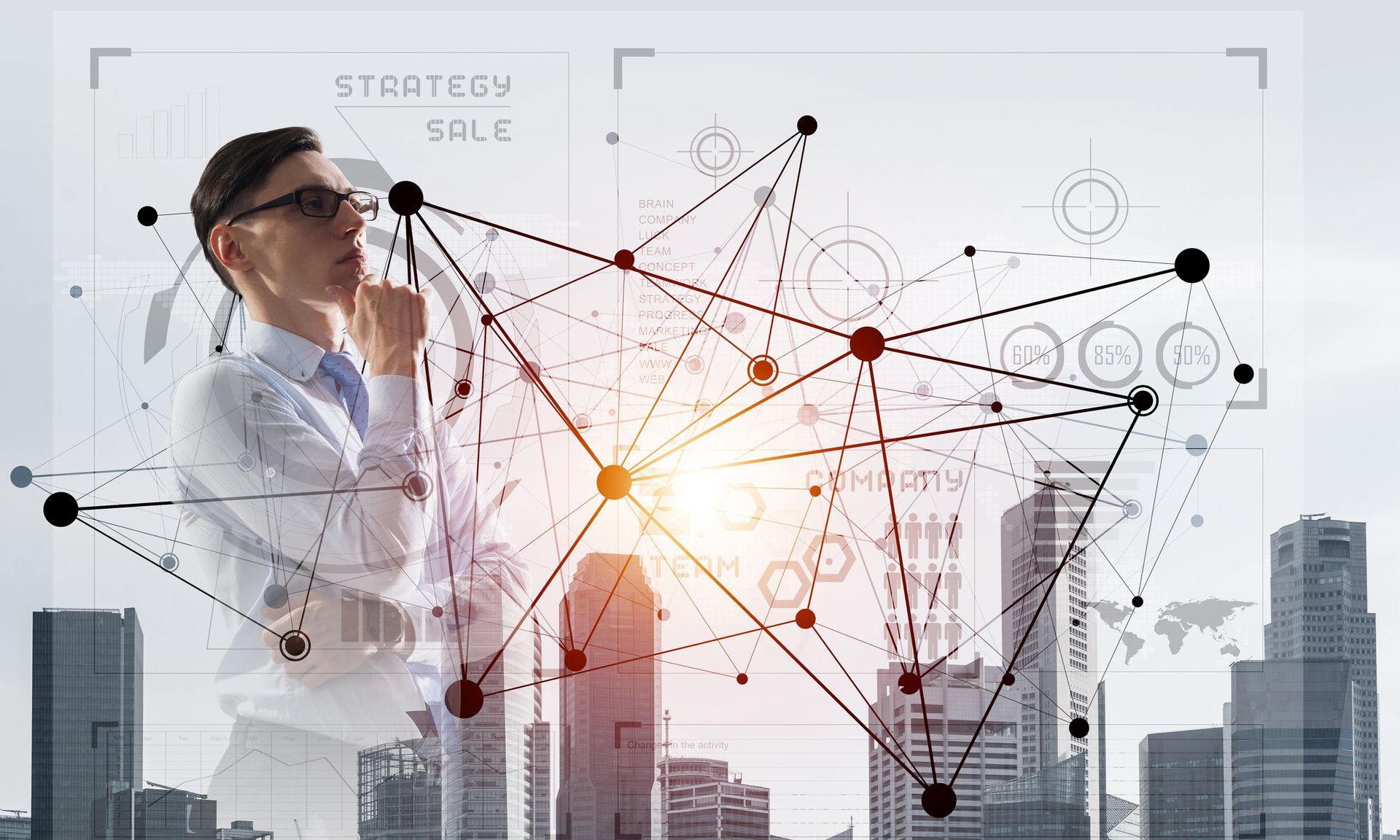 Hombre con gafas contemplando, superpuesto a un paisaje urbano con conexiones de red y elementos de visualización de datos.