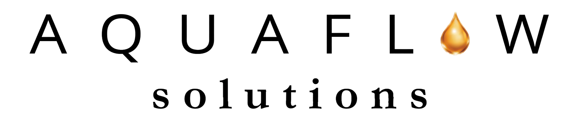 Logo Aquaflow Solutions avec le nom de l'entreprise en lettres noires et une goutte d'eau dor&eacute;e int&eacute;gr&eacute;e au design.
