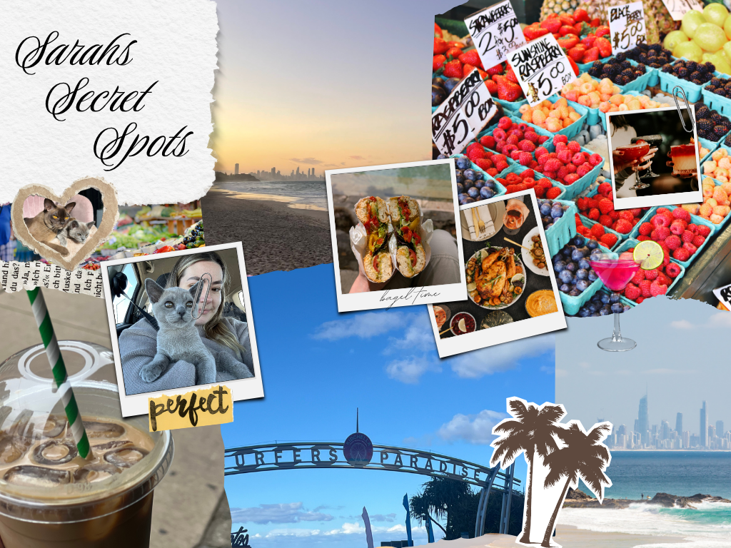 Collage of Gold Coast secret spots, cafes, markets and beaches.