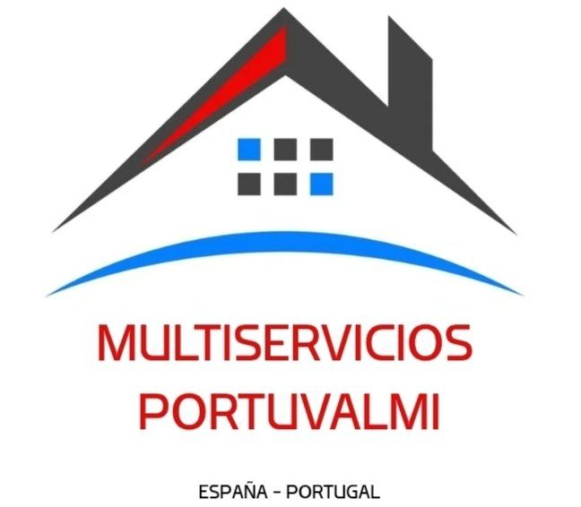 Logo de Multiservicios Portuvalmi con casa estilizada en gris, rojo y azul, texto Espa&ntilde;a-Portugal