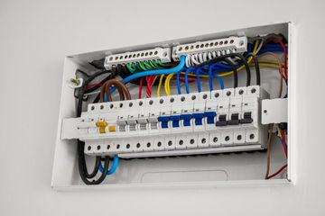 Panel de disyuntores eléctricos abierto con filas de interruptores y cables de colores.