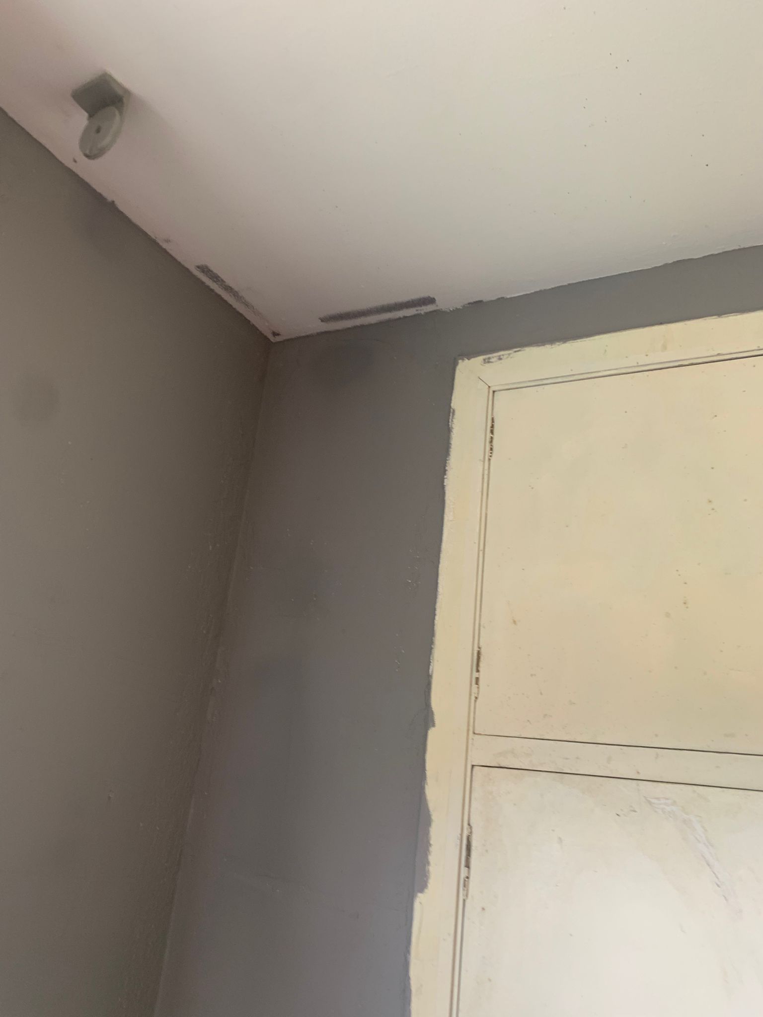 Rincón de una habitación con paredes grises, lámpara de techo y marco de puerta blanco.