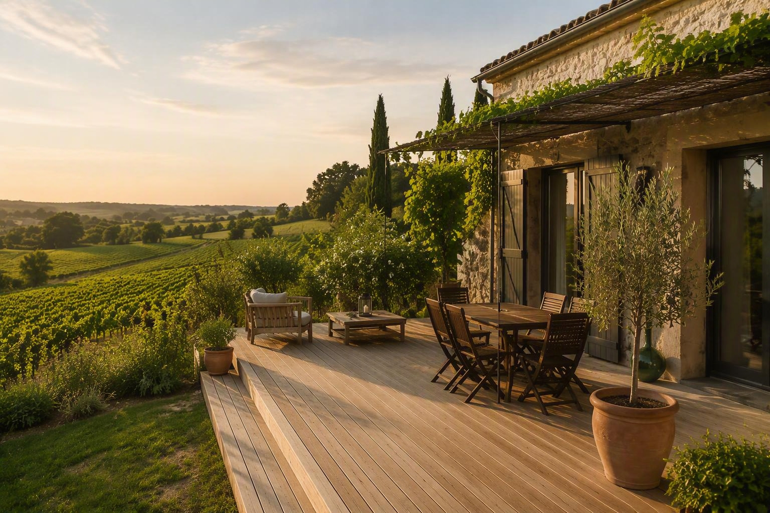 Terrasse ensoleillée au milieu des vignes, jouxtant une maison rustique en pierre, avec des chaises en bois.