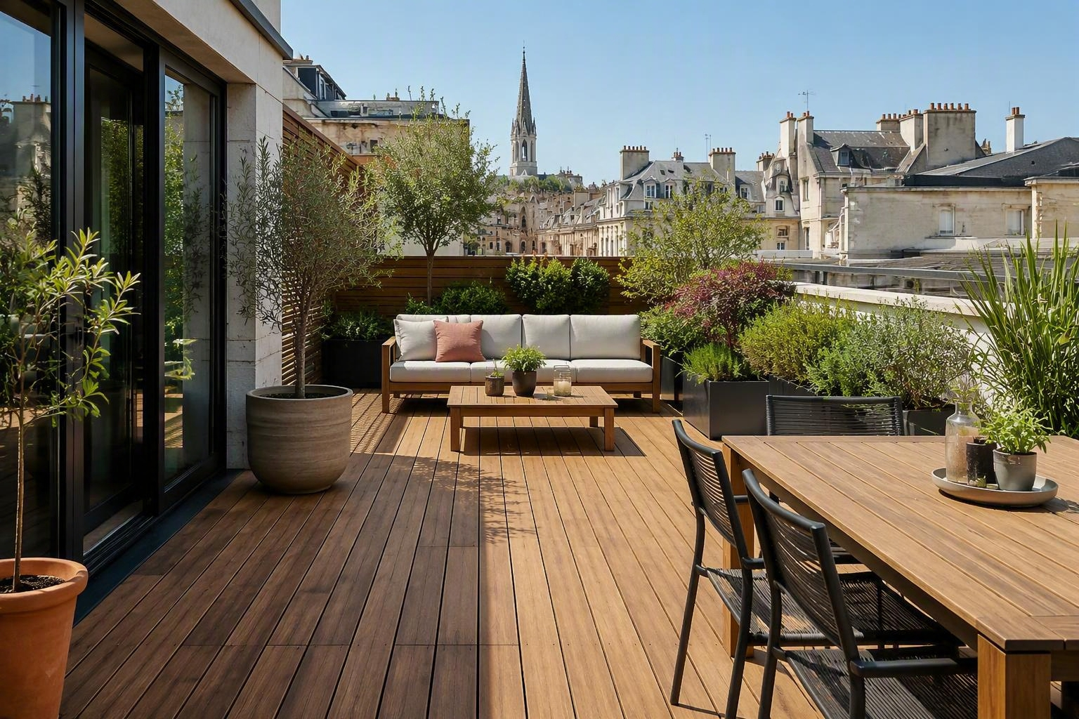 Terrasse sur le toit avec plancher en bois, table à manger extérieure, salon de jardin.