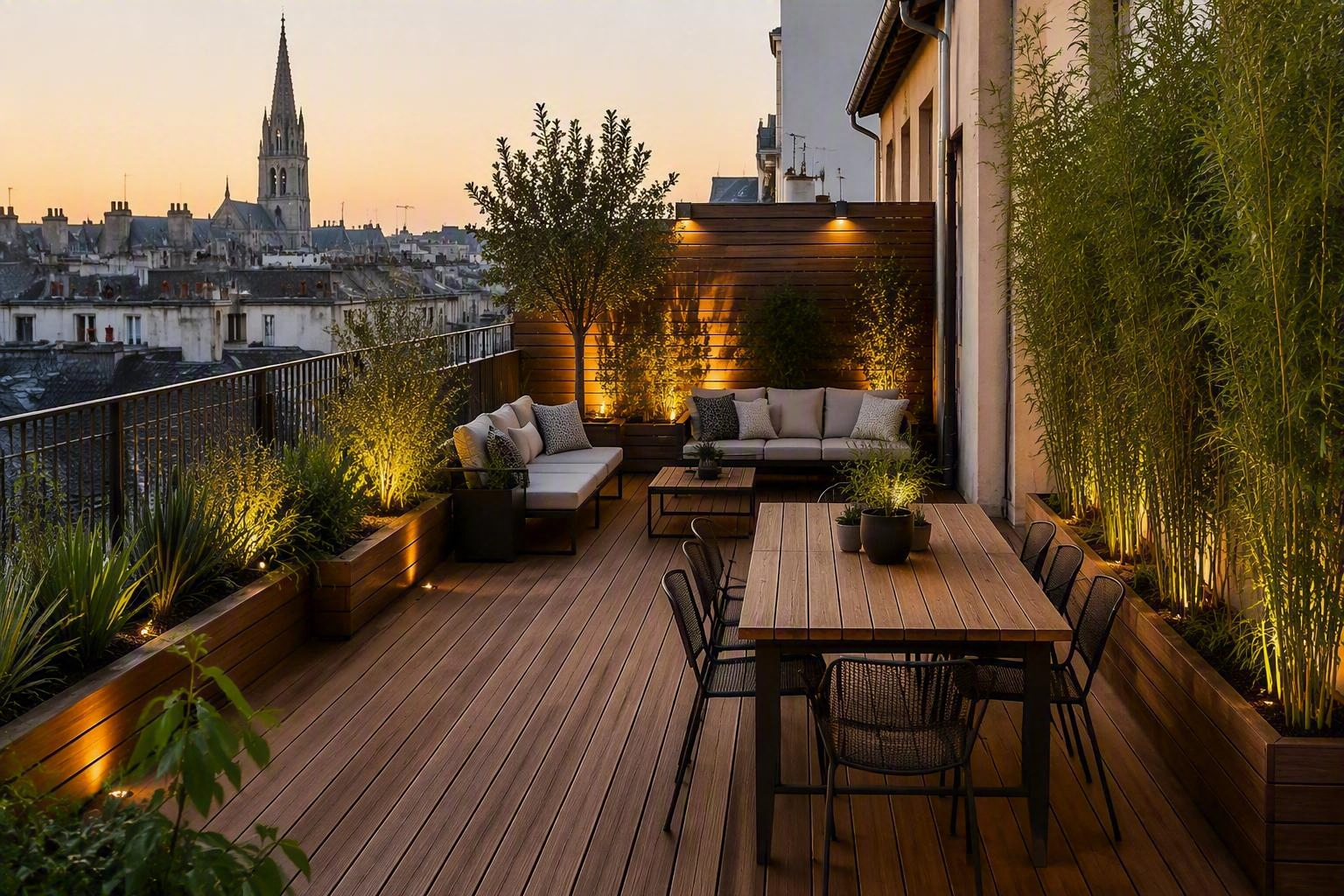 Terrasse sur le toit confortable au coucher du soleil, avec terrasse en bois, canapés, plantes en pot et vue sur la ville.