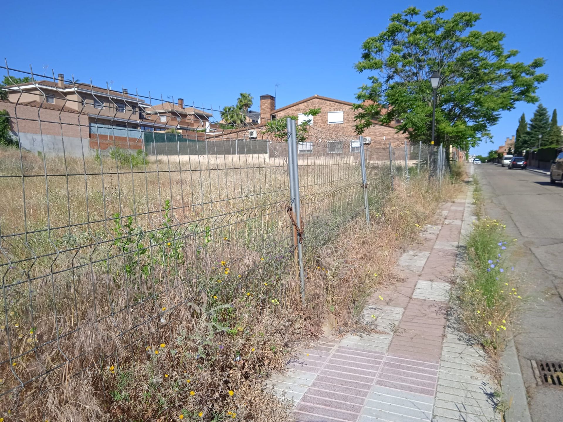 Una cerca de alambre rodea un campo de hierba con una casa al fondo.