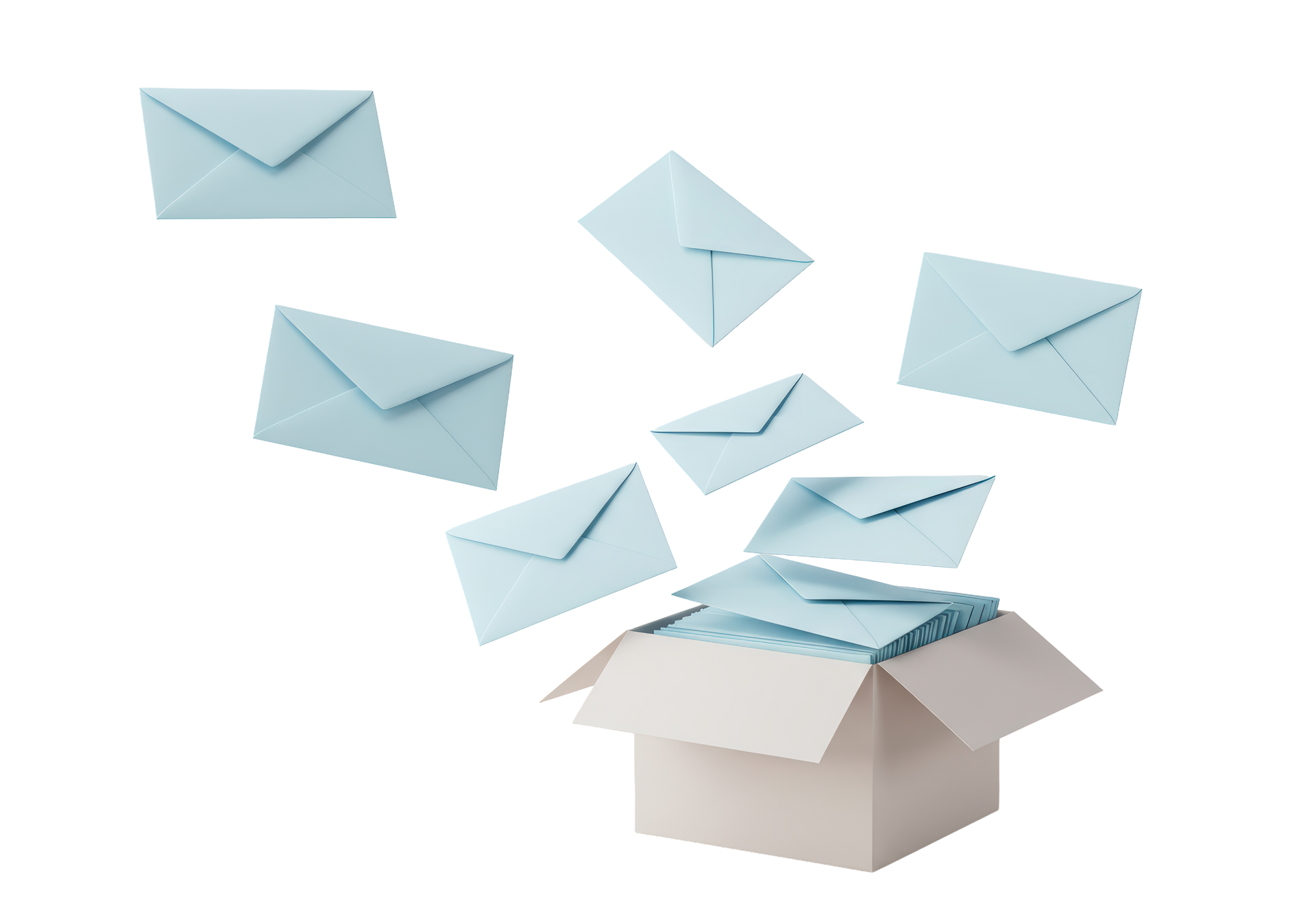 Des enveloppes bleues s'échappent d'une boîte en carton ouverte.