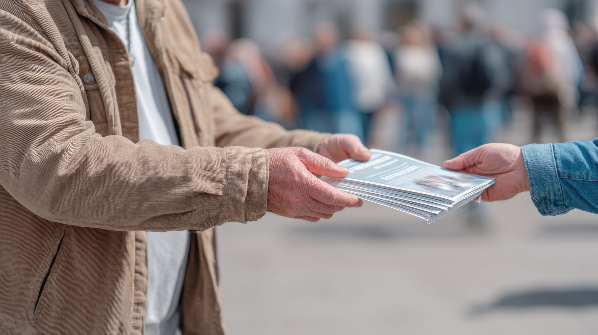 Une personne en veste de velours côtelé distribue des brochures à l'extérieur.